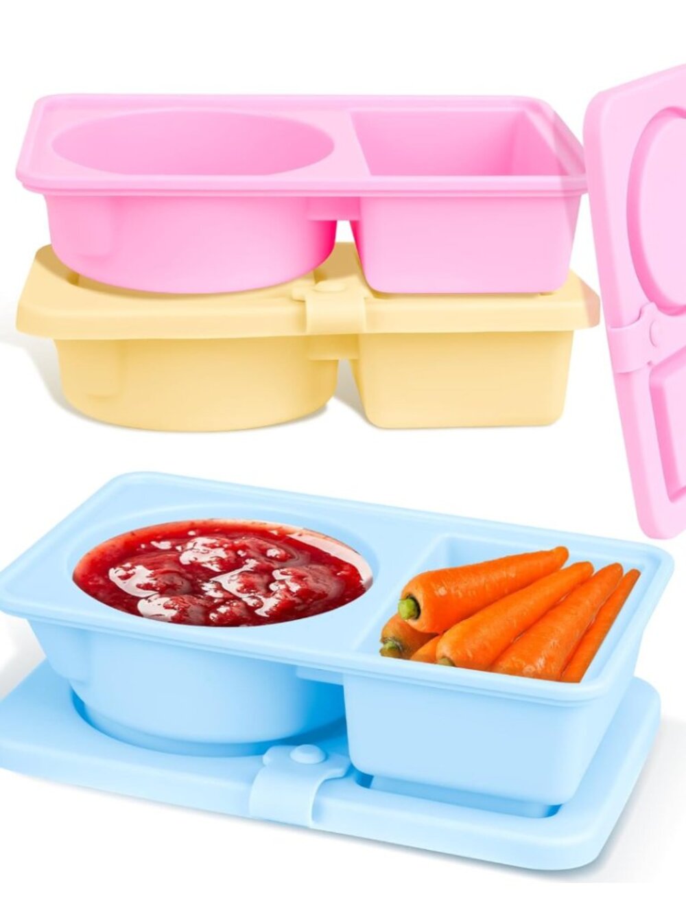 3 Pack Silicone Reusable Snack Containers with Lids, Double Compartment BPA Free